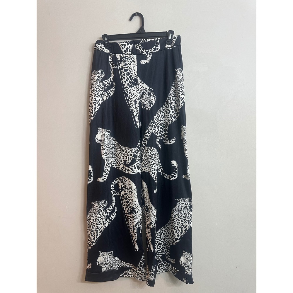 Boohoo Black White Leopard Animal Print Wide Leg High Waisted Pants US 12